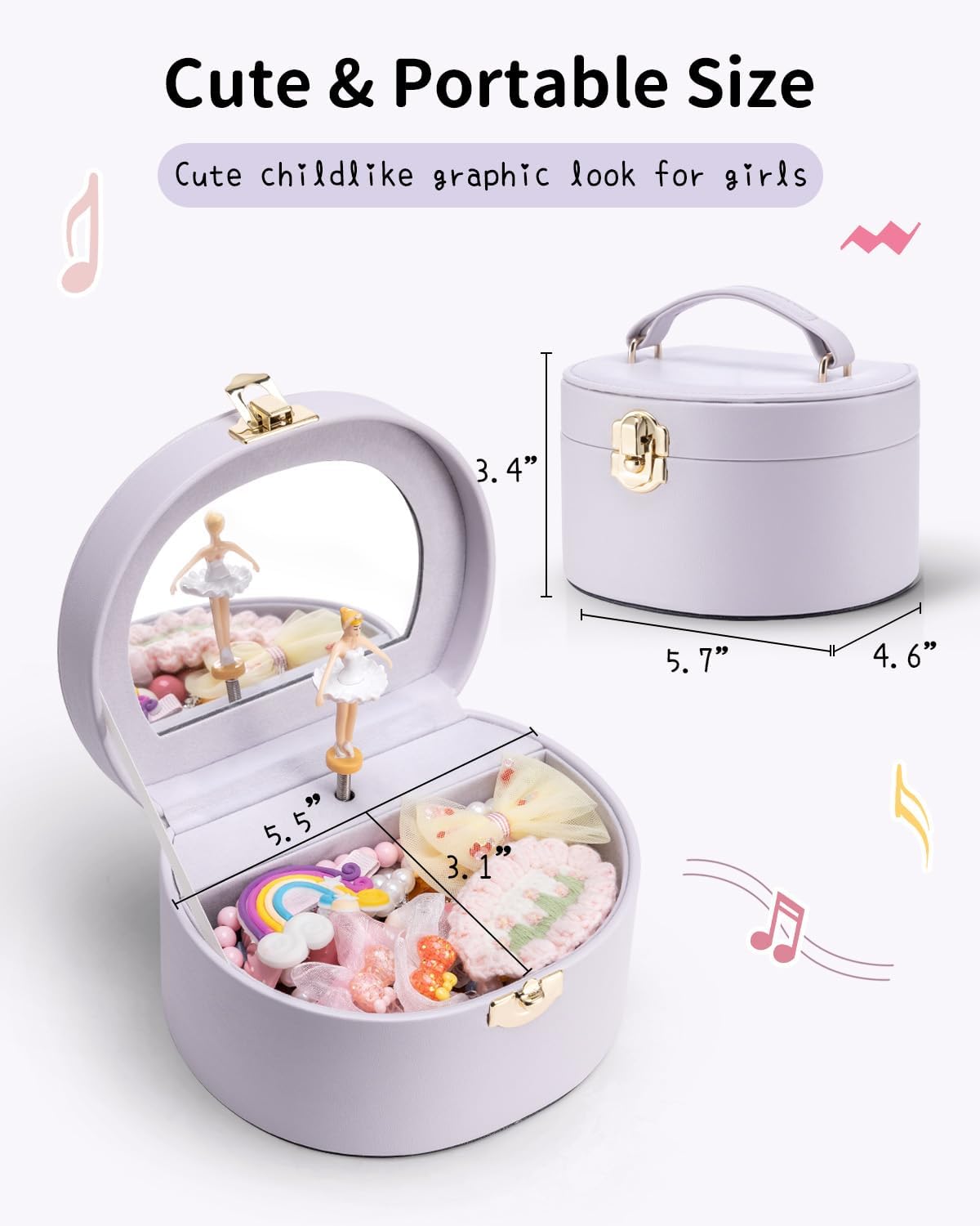 VLANDO Musical Jewelry Box for Girls, Arc Design with Spinning Ballerina | Large Compartment for Small Treasures, Plays Canon Melody, Built-In Mirror and Soft Carry Handle, Birthday Christmas Gift