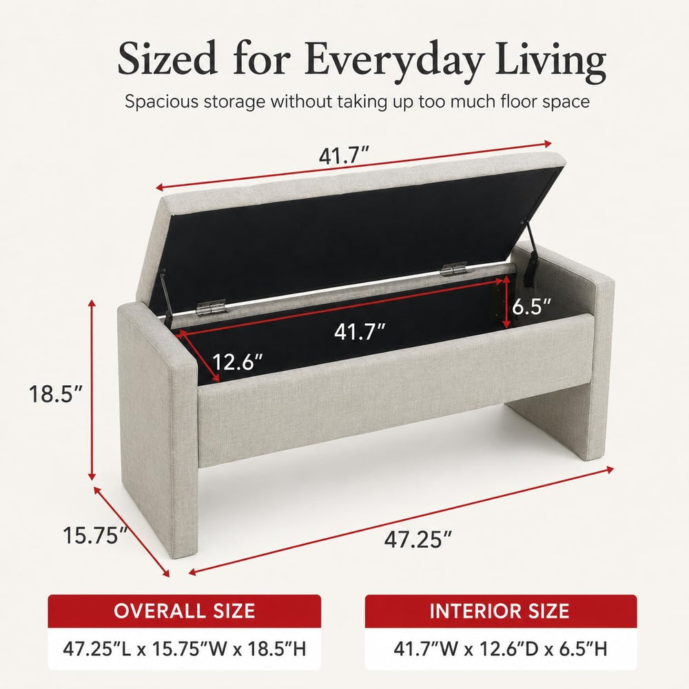 47.25 Inch Storage Ottoman Bench, Linen Upholstered, Light Grey | End of Bed ...
