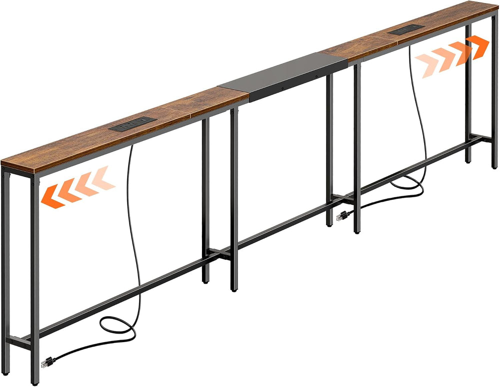 Huuger Narrow Sofa Table with 2 Power Outlets, 110.2-133.8 Inch Adjustable Le...