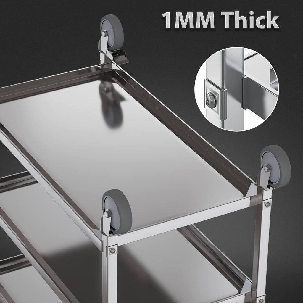 3 Shelf Stainless Steel cart,400 lbs,1MM Thick，Serving cart with Wheels, Household, Service Trolley,360°Rotation Storage Shelf with Locking Wheels 29.5 * 15.7 * 37.4'' L*W*H S.