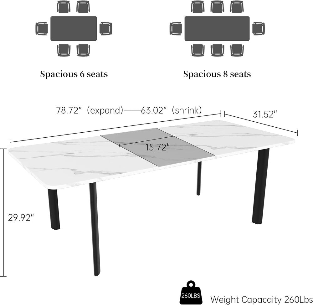 HIPIHOM Extendable Dining Table for 6-8 People, 63 to 78.7 Inch Rectangular T...