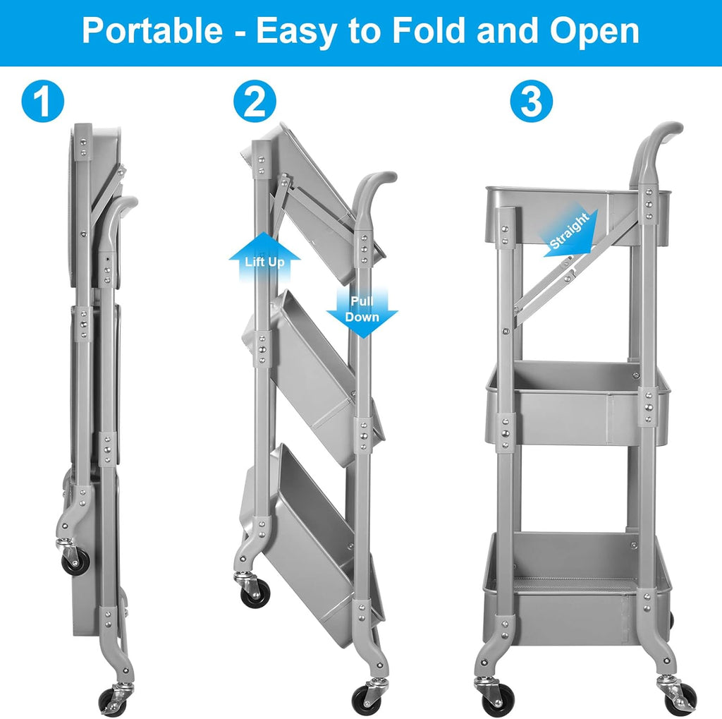 Foldable 3 Tier Metal Utility Rolling Cart, Folding Mobile Multi-Function Storage Trolley Organizer Cart for Home Library Office(Grey)