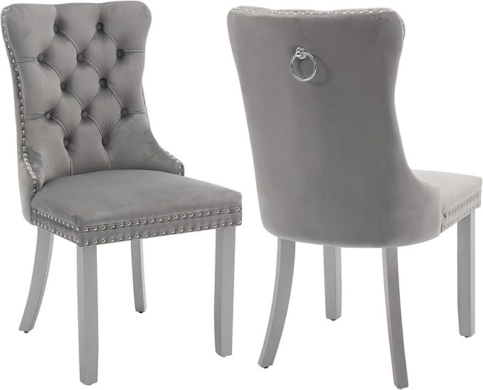 Velvet Dining Chairs Set of 2, Kitchen & Dining Room Chairs, Upholstered Dining Chairs with Back Ring Pull and Silver Solid Wood Legs, Modern Tufted Kitchen Chairs for Dining Room, Light Grey