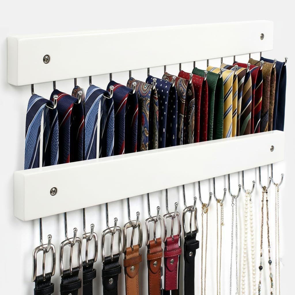 Wall Mounted Tie & Belt Rack Organizer - 2 Pack, 28 Hooks Hold 40 Ties & 40 Belts, 180° Rotating Space Saving Design, Sturdy Wood Decorative Wall Storage (White)
