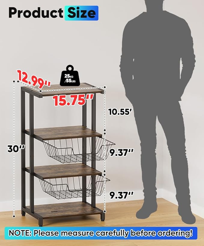 Media Stand with Two Detachable Baskets, 4-Tier AV Media Stand Corner Shelf for DVD Players/Cable Boxes/Games Consoles, Audio Storage Rack for Living Room, Gaming Room, Music Studio, Black