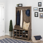 Prepac Entryway Organizer with 4 Coat Hooks, Coat Rack Hall Tree with Bench and Coat Storage, Furniture for Entryway with 15 Cubbies for Shoe Storage, 38” W x 68” H x 15.5” D, Drifted Gray
