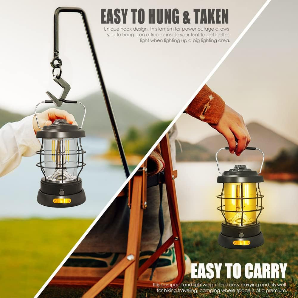 Retro Camping Lantern Rechargeable 1500LM 2 Modes Dimmable,Portable Electric ...