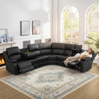 Manual Recliner Sectional Sofa Set, Bonded Leather L-Shaped Living Room Furniture Sets, Reclining Corner Couch with Drop-Down Table/Storage Console/Cup Holders for Home Office (Black, Sectional)