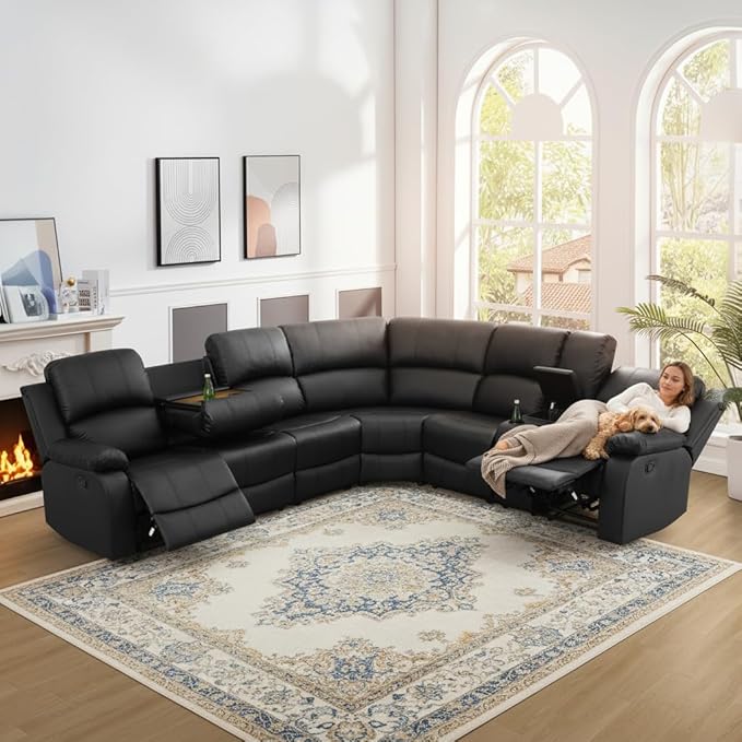 Manual Recliner Sectional Sofa Set, Bonded Leather L-Shaped Living Room Furniture Sets, Reclining Corner Couch with Drop-Down Table/Storage Console/Cup Holders for Home Office (Black, Sectional)