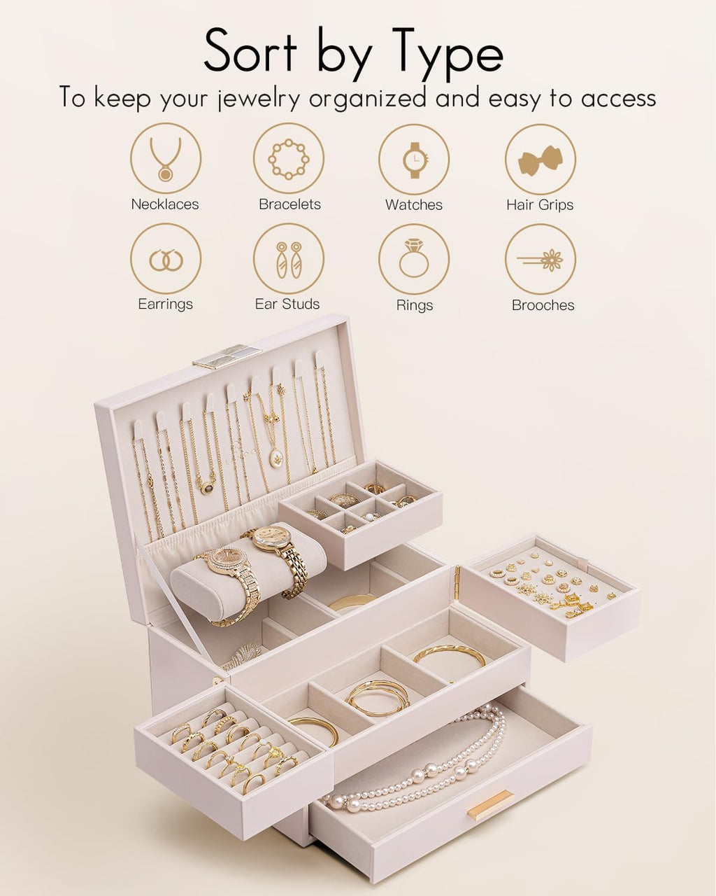 Vlando 3 Layer Jewelry Box - Women Jewelry Box with Retractable Tray - Jewelry Organizers with Drawer for Necklaces, Rings, Bracelets, Earrings, Gift for Couples Mom Girls - Pink