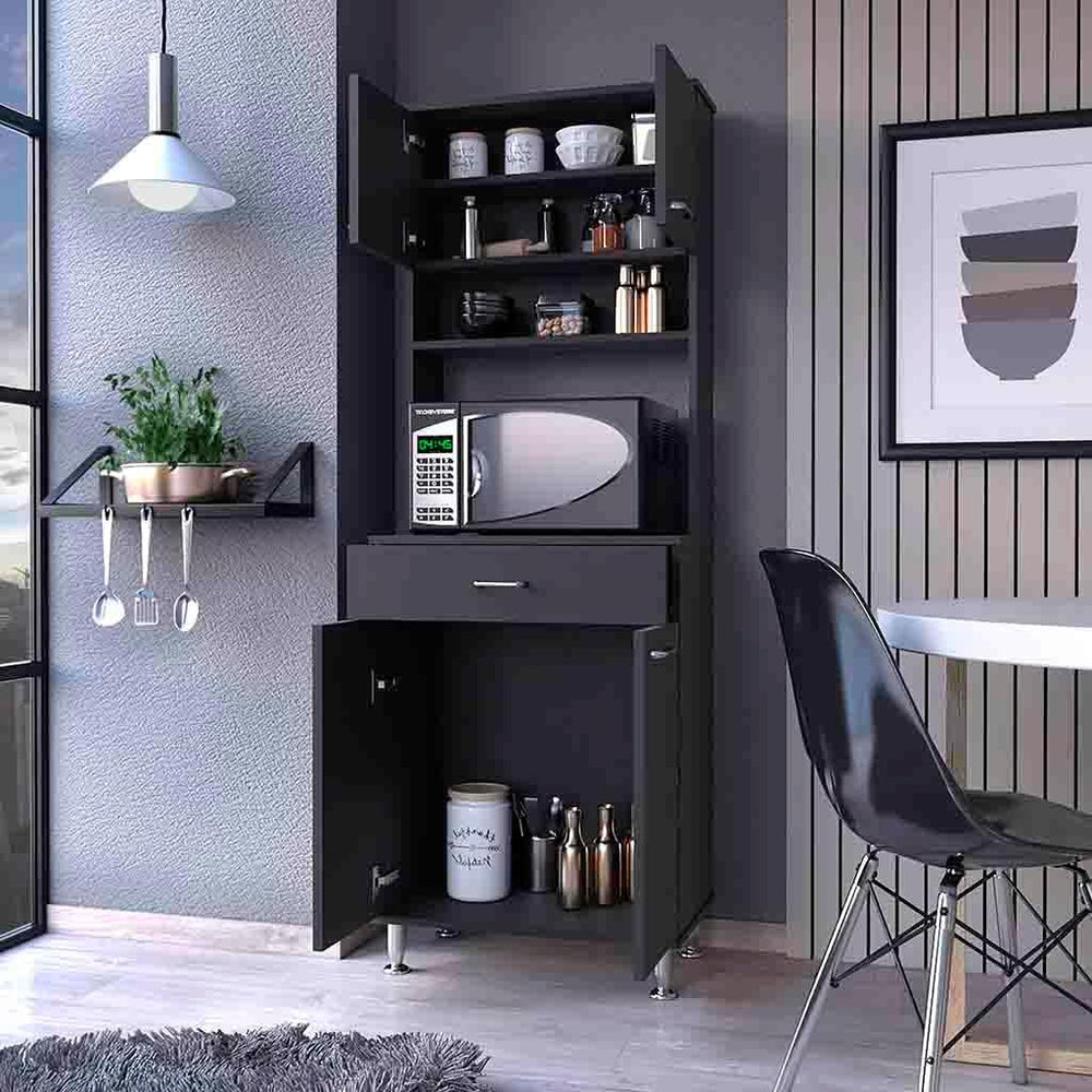 66" Tall Kitchen Pantry Cabinet with 4 Doors & 1 Drawers, Black Cupb...