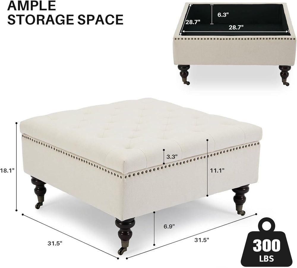 Large Square Storage Ottoman Uphlostered Tufted Button Coffee Table, Beige