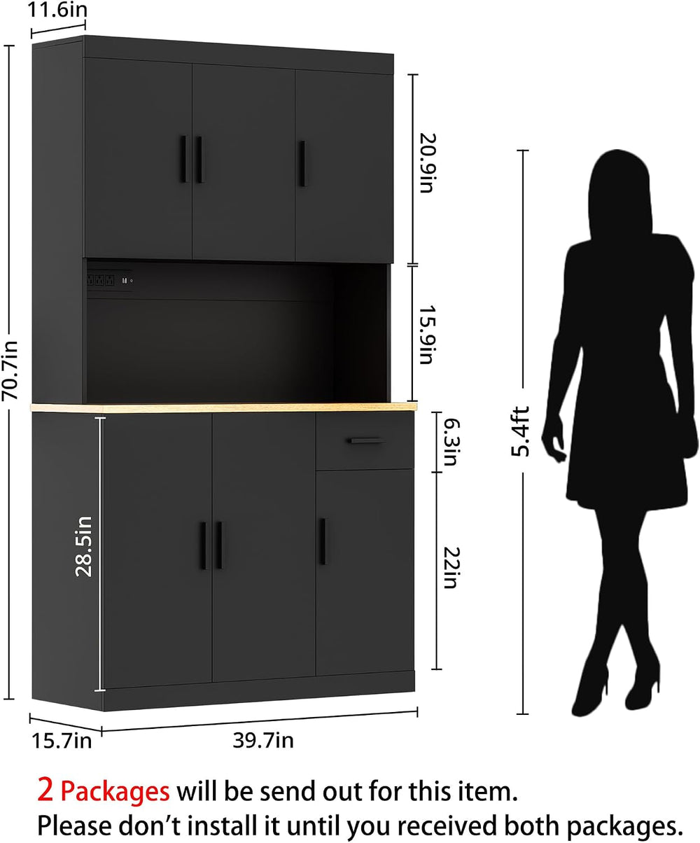 DIYART 71 Inch Black Pantry Cabinet with Power Outlet, Heavy-Duty Freestandin...