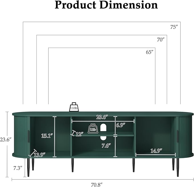 ARTPOWER 70" Modern TV Stand with Tambour Door for TVs up to 80", Entertainment Center with Storage, Fluted Television Consoles for Home, Living Room, Green
