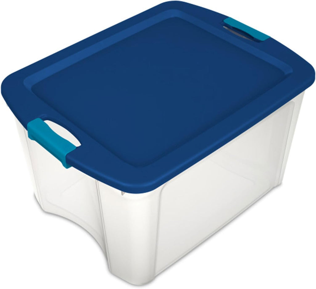Sterilite 18 Gal Latch and Carry, Stackable Storage Bin with Latching Lid, Plastic Container to Organize Closets, Clear with Blue Lid, 6-Pack
