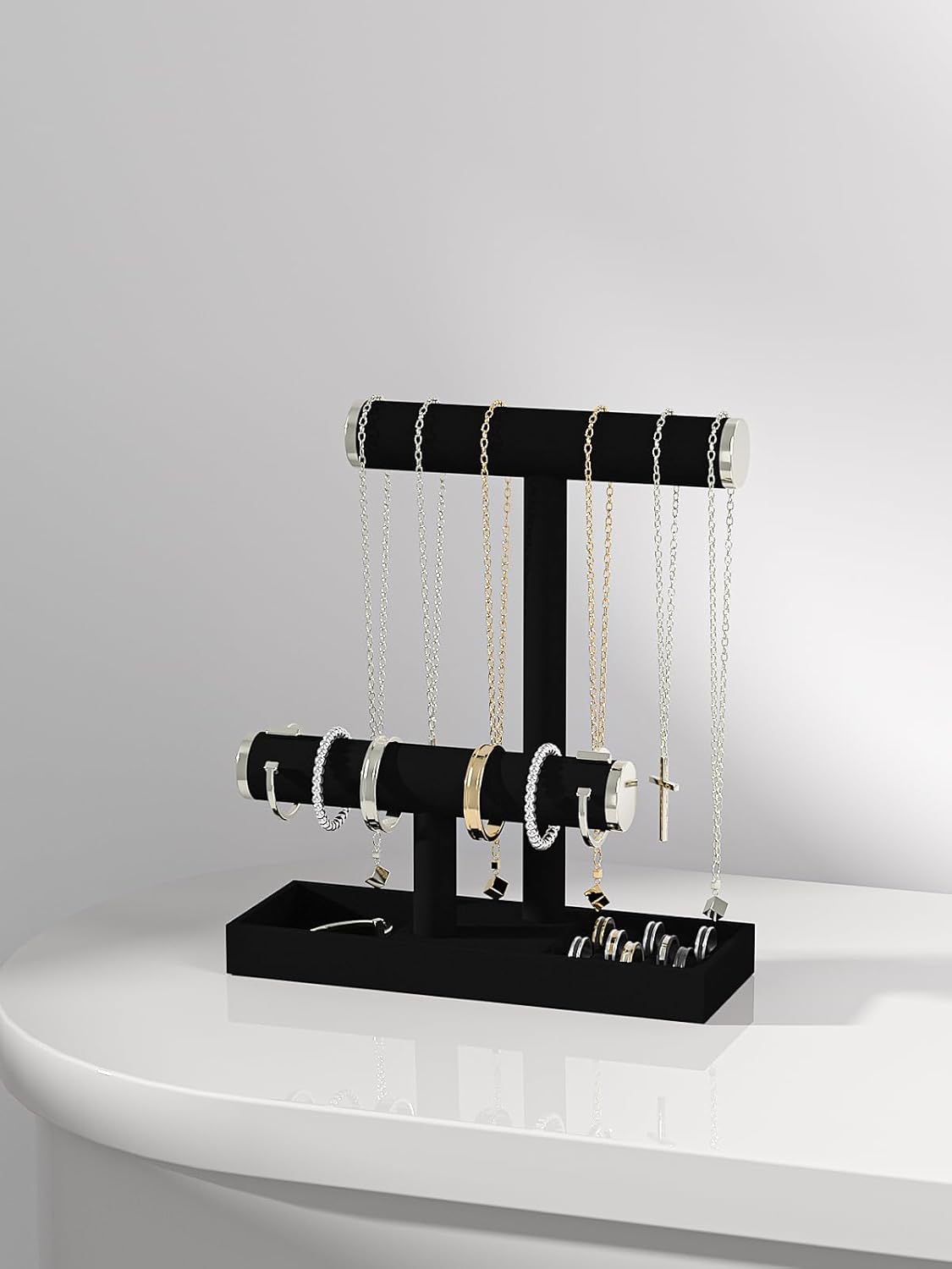 Bracelet and Necklace Holder,Velvet Jewelry Necklace Display Organizer Stand,bracelet Holder for Selling,Bracelet and Necklace Storage Tree (Style 2（Black+ Metal lid）)
