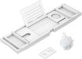 Zhuoyue Bamboo Bathtub Tray, Expandable Premium Bath Tray for Luxury Bathroom, Adjustable Bath Accessories for Tub with Soap Towel Book Holder, Extendable 29.5-43.3" White