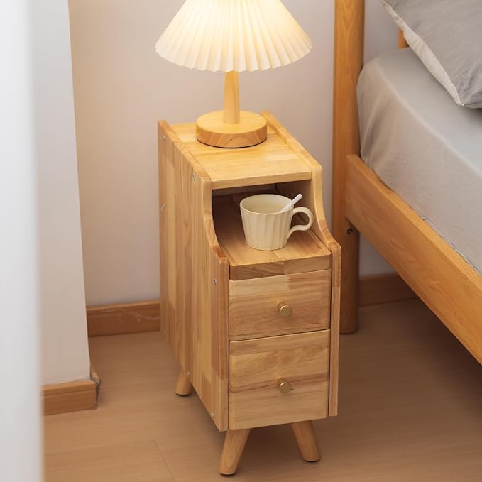 Small Nightstand, Narrow Nightstand, Solid Slim Wood Night Stand for Small Spaces, Couch, Nature Color 7.87in Wide