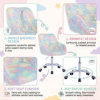 Ya-Home Kids Desk Chair Faux Fur Upholstered Swivel Reading Chair, Cute Adjustable Study Chair with White Wheels for Reading Room Bedroom, Rainbow Color