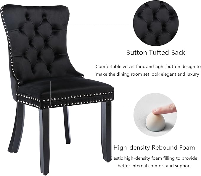 Black Dining Chairs Set of 6, Upholstered Velvet Dining Room Chairs with Back Ring Pull Trim and Solid Wood Legs,Modern Dining Chairs Perfect for Dining Room,Living Room,Kitchen(Black)