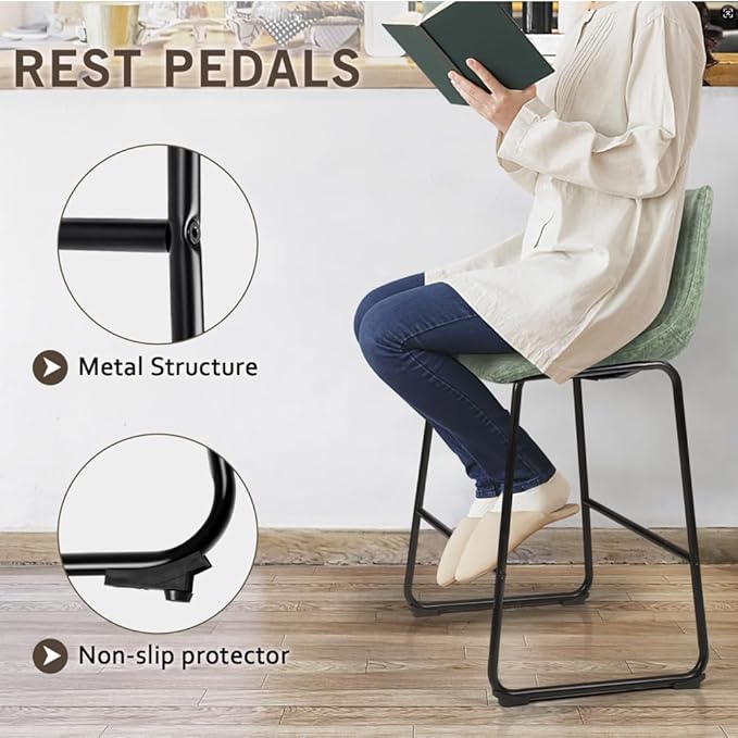 LEMBERI 26 inch Bar Stools Set of 2, Modern Counter Height Bar Stools, Faux Leather Barstool with Back and Metal Leg, Armless Bar Chairs for Kitchen Island (Green, 2pcs 26")