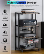 Media Stand with Two Detachable Baskets, 4-Tier AV Media Stand Corner Shelf for DVD Players/Cable Boxes/Games Consoles, Audio Storage Rack for Living Room, Gaming Room, Music Studio, Black