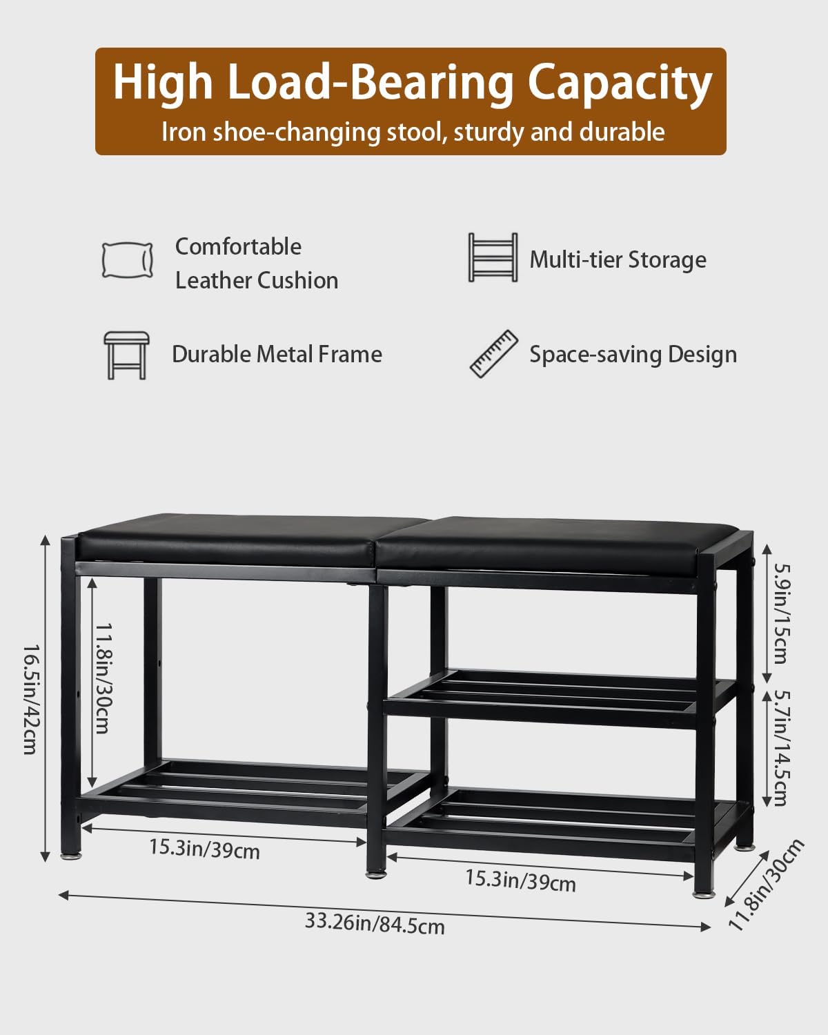 Iron Shoe Rack Storage Bench for Entryway, Holds Up to 560 lb | Space-Saving and Robust, Iron and Foam Padding Shoe Rack for Entryway, Front Door Entrances, Bathroom