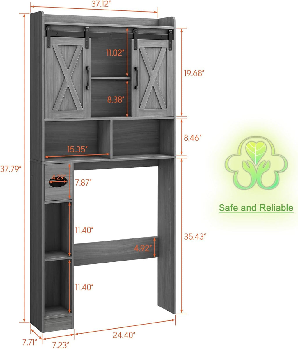 Farmhouse Over The Toilet Storage Cabinet with Sliding Door & Toilet Paper Holder Stand, Space-Saving for Bathroom & Restroom, Wash Grey