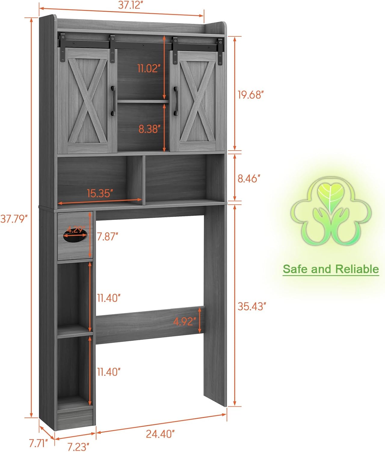 Farmhouse Over The Toilet Storage Cabinet with Sliding Door & Toilet Paper Holder Stand, Space-Saving for Bathroom & Restroom, Wash Grey