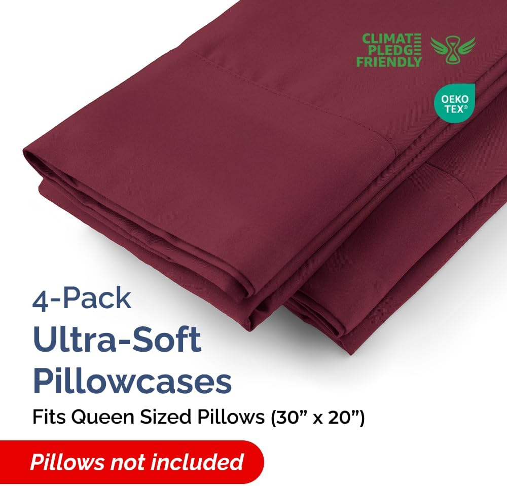 Queen Pillow Cases - 4 Pack - Super Soft Pillowcase Covers - Envelope Enclosure - Hotel Quality Pillow Protectors - Wrinkle Free, Shrink and Stain Resistant - Machine Washable - 20" x 30" (Burgundy)