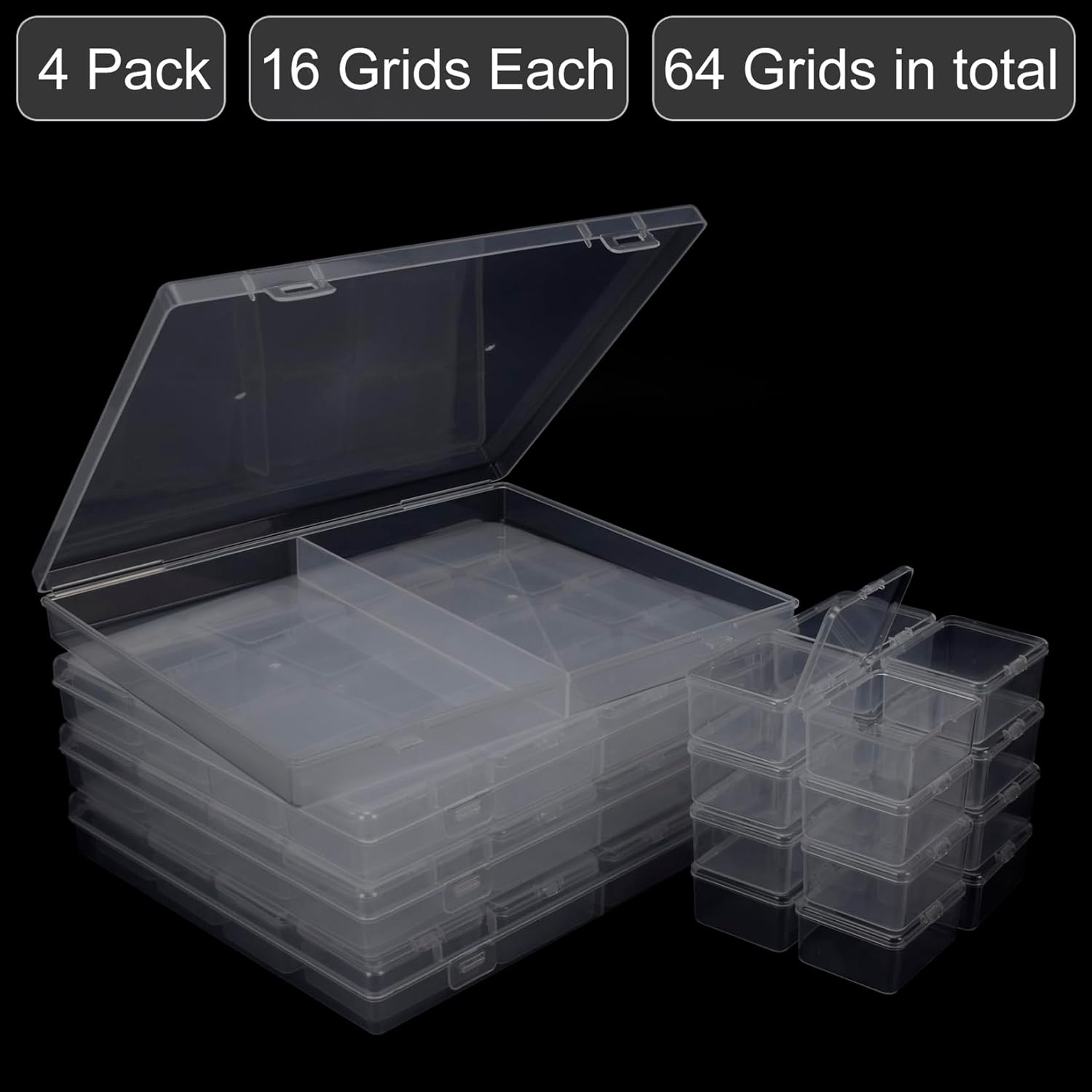 ZIIYAN Bead Storage Containers - 64 Clear Plastic Bead Organizer Boxes with Hinged Lid, Craft Organizers and Storage for Diamond Painting Art, Small Parts, Jewelry Charms