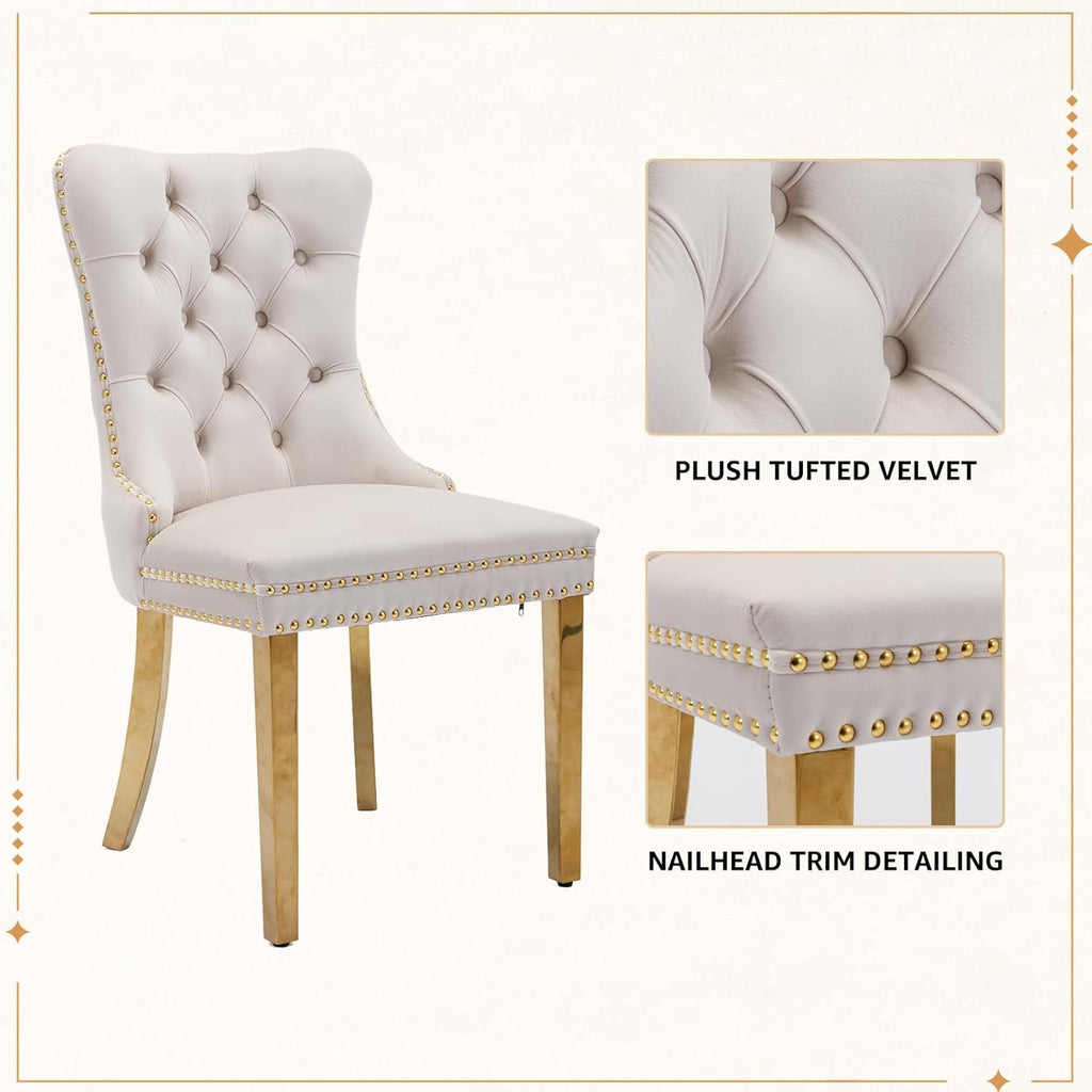 Velvet Dining Chairs Set of 6, Tufted Upholstered High Wingback Chairs with Nailhead Trim & Pull Ring, Golden Stainless Steel Legs for Dining Room, Sillas de Comedor, Beige