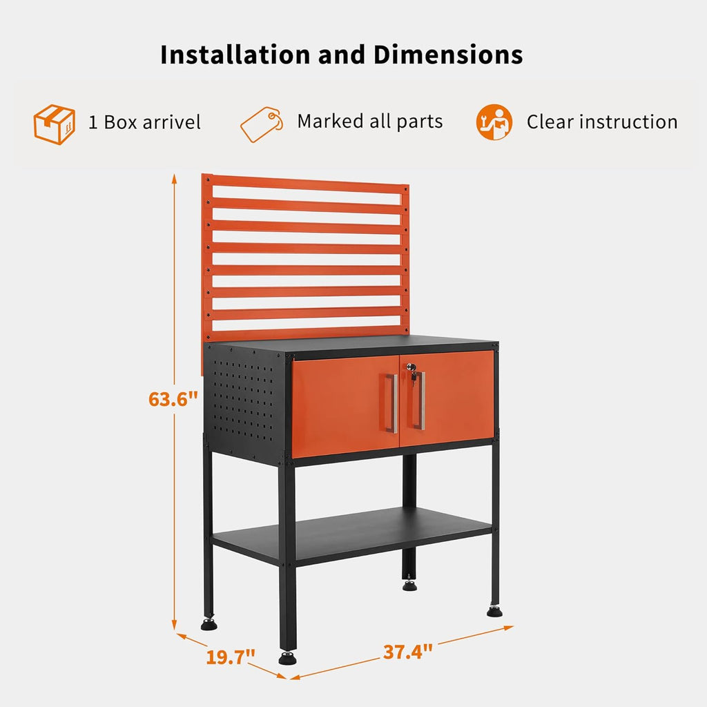 MCombo Metal Workbench for Garage, Adjustable Worktable with Storage Cabinet for Home Office, Basements, Bench-81 (Orange)