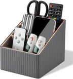 KINGFOM 3 Slot PU Leather Remote Controller Holder, Home Sundries Storage Box, TV Guide/Mail/CD Organizer/Caddy/Holder with Free Cable Desk Organizer (Grey)