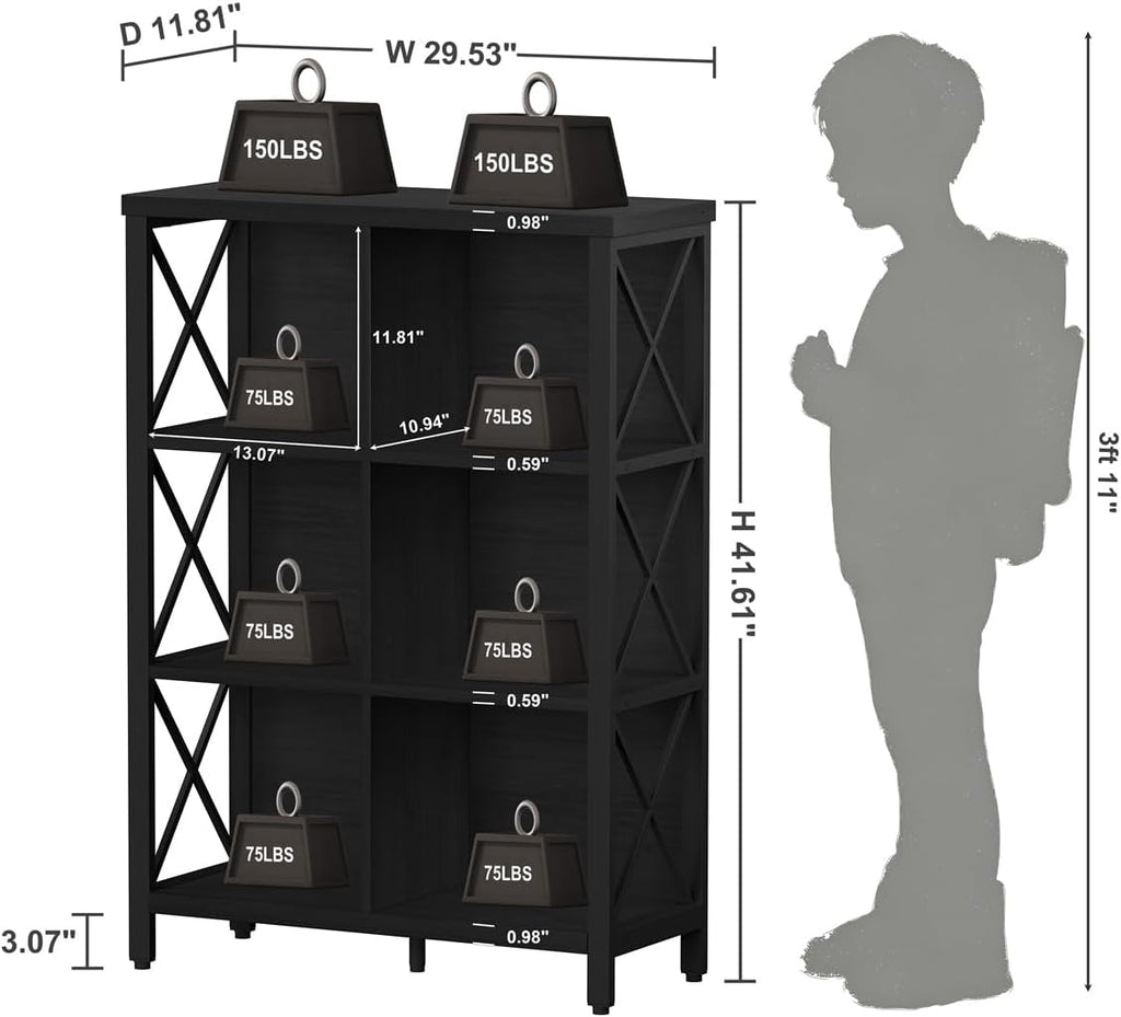 6 Cube Storage Organizer with Storage, 41.54 Inch Hight Modern 4-Tier Bookshelf with X-Shaped Metal Frame, Black Wood Bookcase for Living Room, Home Office, Bedroom, Easy Assembly