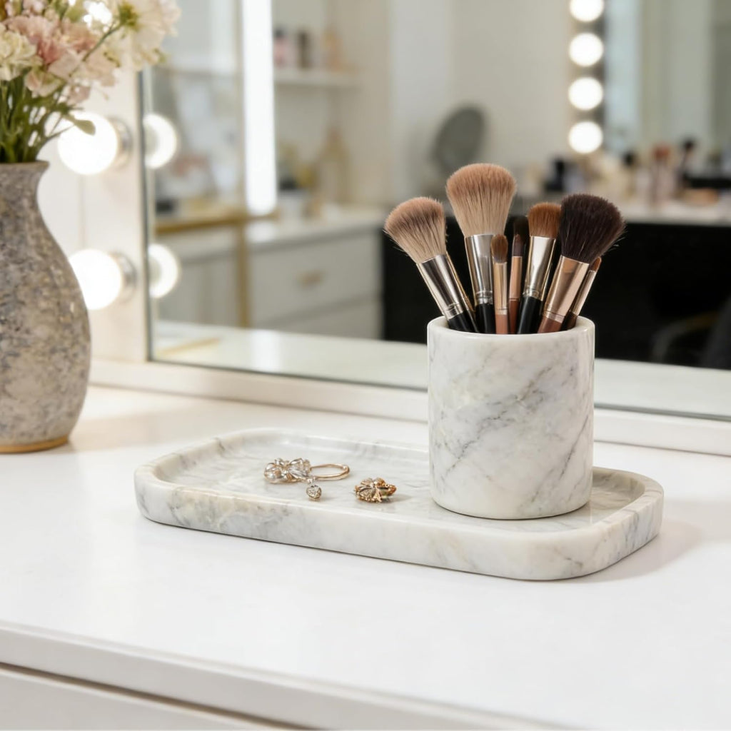 Koville Marble Tray, 10"x5" Marble Vanity Tray for Bathroom Countertop Kitchen Sink, Rectangular Stone Tray for Perfume Fragrance Jewelry Organizer, Decorative Catchall Tray(Bianco Palomino)