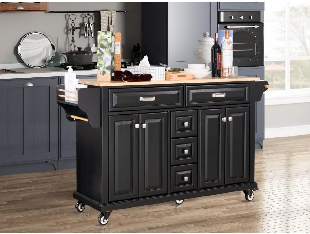 Kitchen Island with Rubberwood Top, 5 Drawers, Cabinet and Wheels, Black | Ro...
