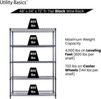 NSF Commercial 5-Tier Wire Shelving with Wheels, 48"x24"x72" Heavy Duty Metal Shelves 4000 lbs Max Capacity, Black Storage Rack for Garage Kitchen Pantry Warehouse