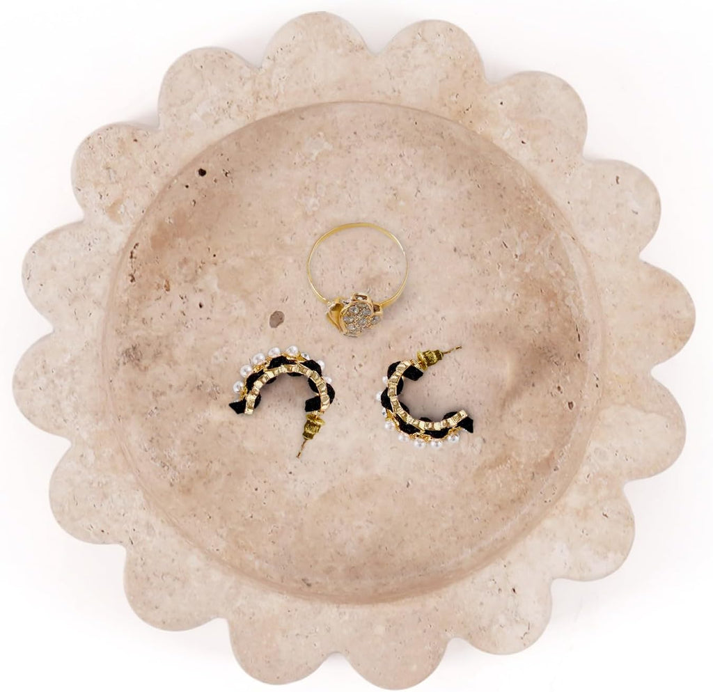 Marble Jewelry Dish 5.5 Inch Handmade Travertine Ring Holder - Trinket Tray for Keys, Earrings, Necklaces & Gifts for Women - Small Candle Dishes, Stone Jewelry Tray for Vanity Decor