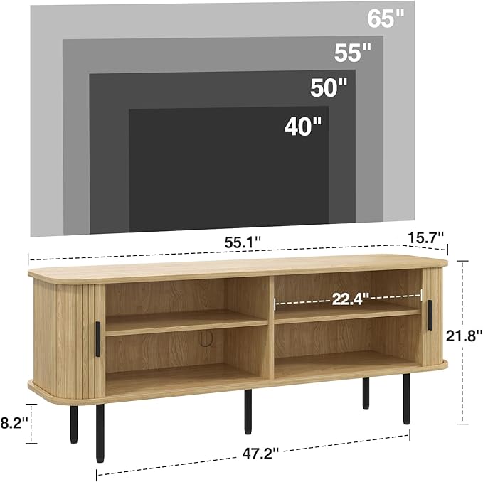 55''W Natural TV Stand Cabinet with Storage for TVs up to 60 Inch, Fluted TV Entertainment Center with Slatted Tambour Doors, Media Console for Living Room, Entryway