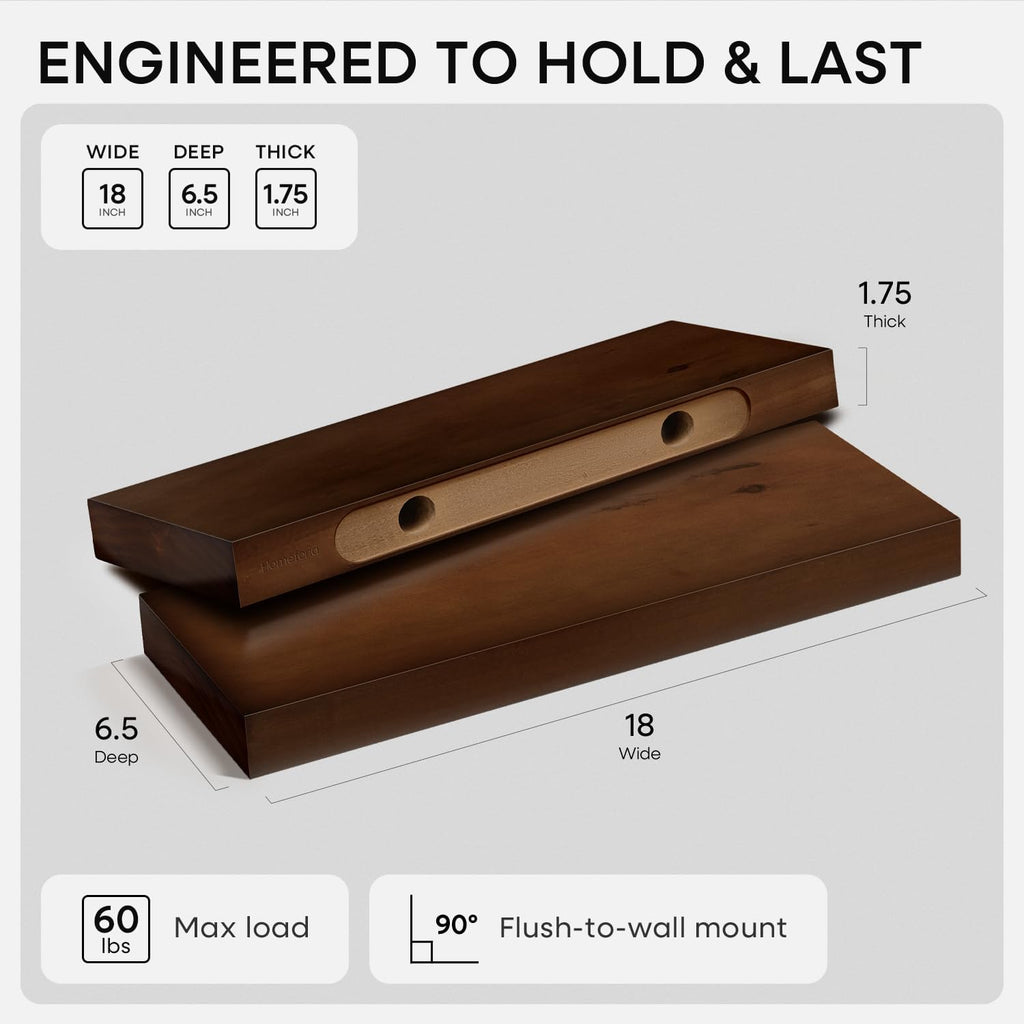 Homeforia Walnut 18 inch Floating Shelf, High End Solid Real Wood 18inch Floating Shelves for Wall Mounted, Dark Brown 18 inches Long Floating Shelves, Heavy Duty Bracket, 18 X 6.5 X 1.75 in, Set of 3