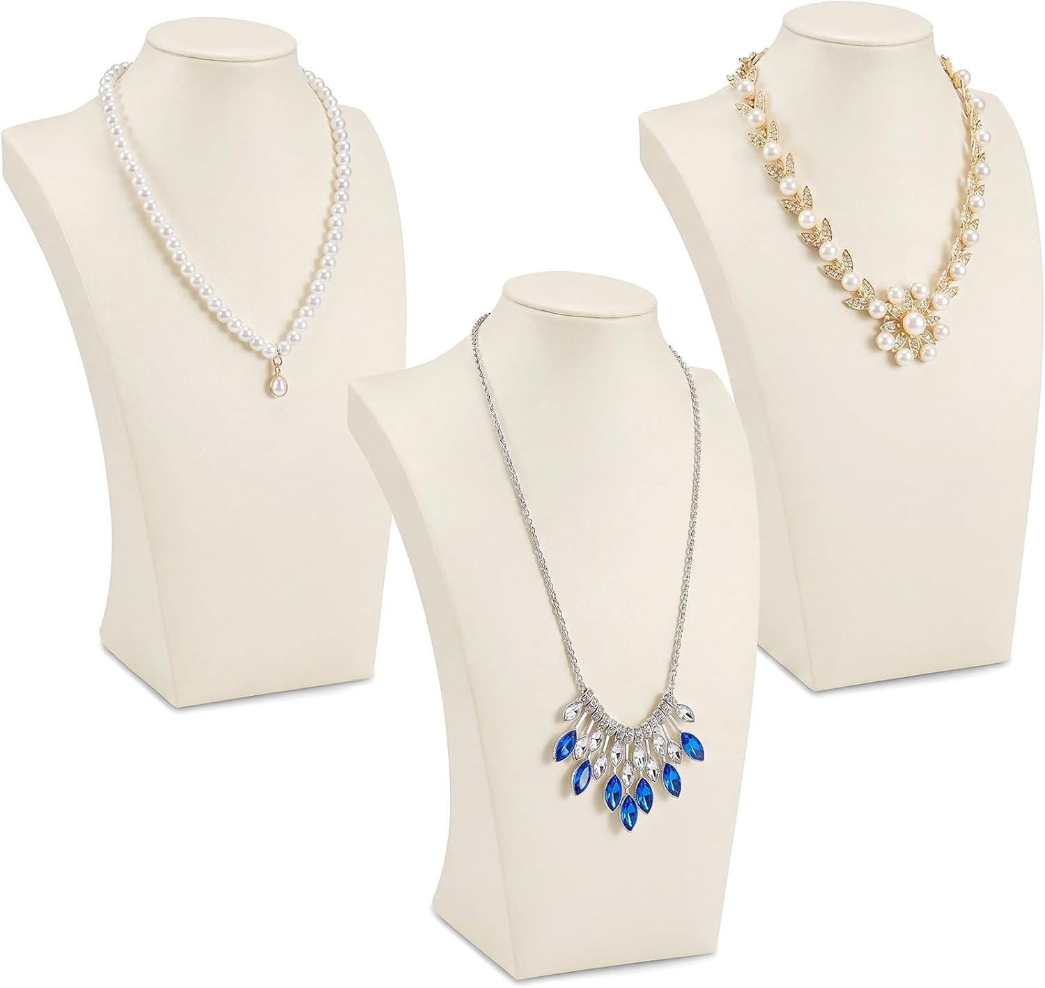 Beige 3 Pcs PU Leather Jewelry Display Bust Necklace Display Stand Necklace Mannequin Holder for Jewelry Displays for Vendors (11.42 x 6.89 Inches)