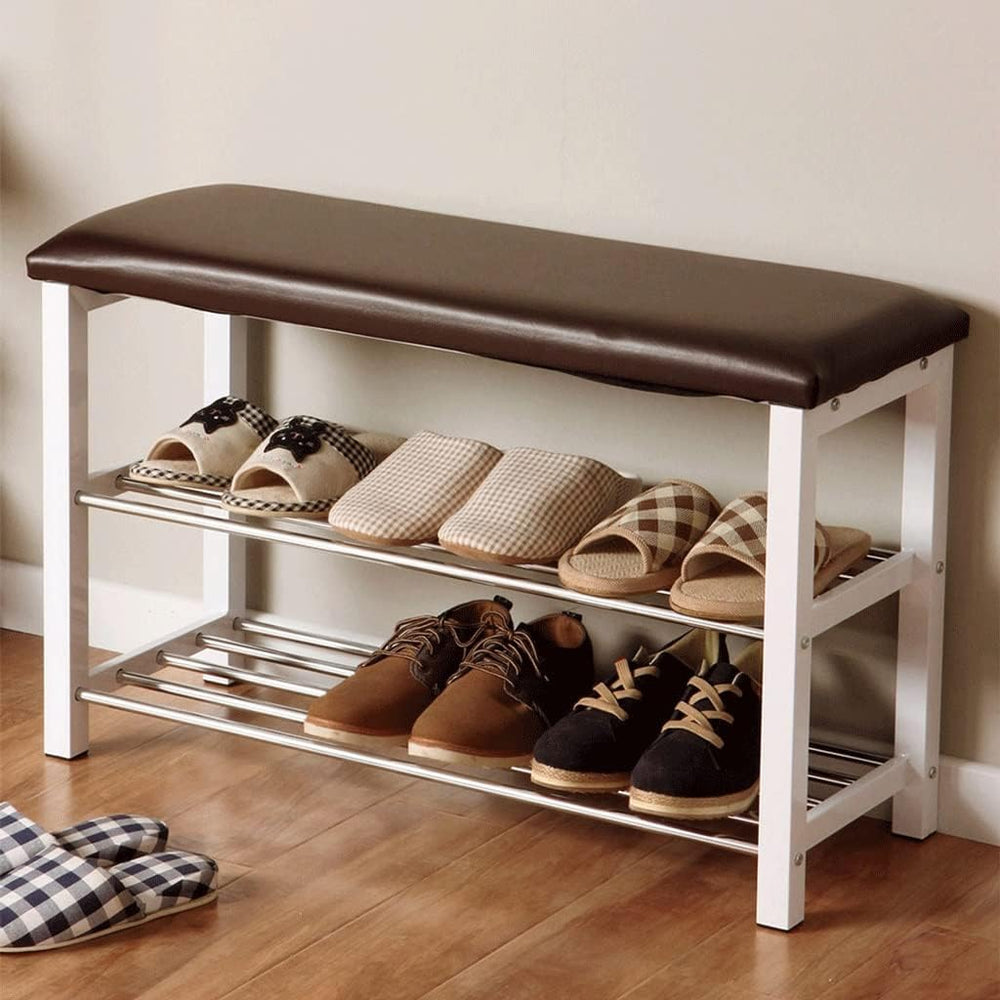 Foot Stool Shoe Rack Bench with Leather Pad 2-Layer Storage Porch Shoe Rack F...