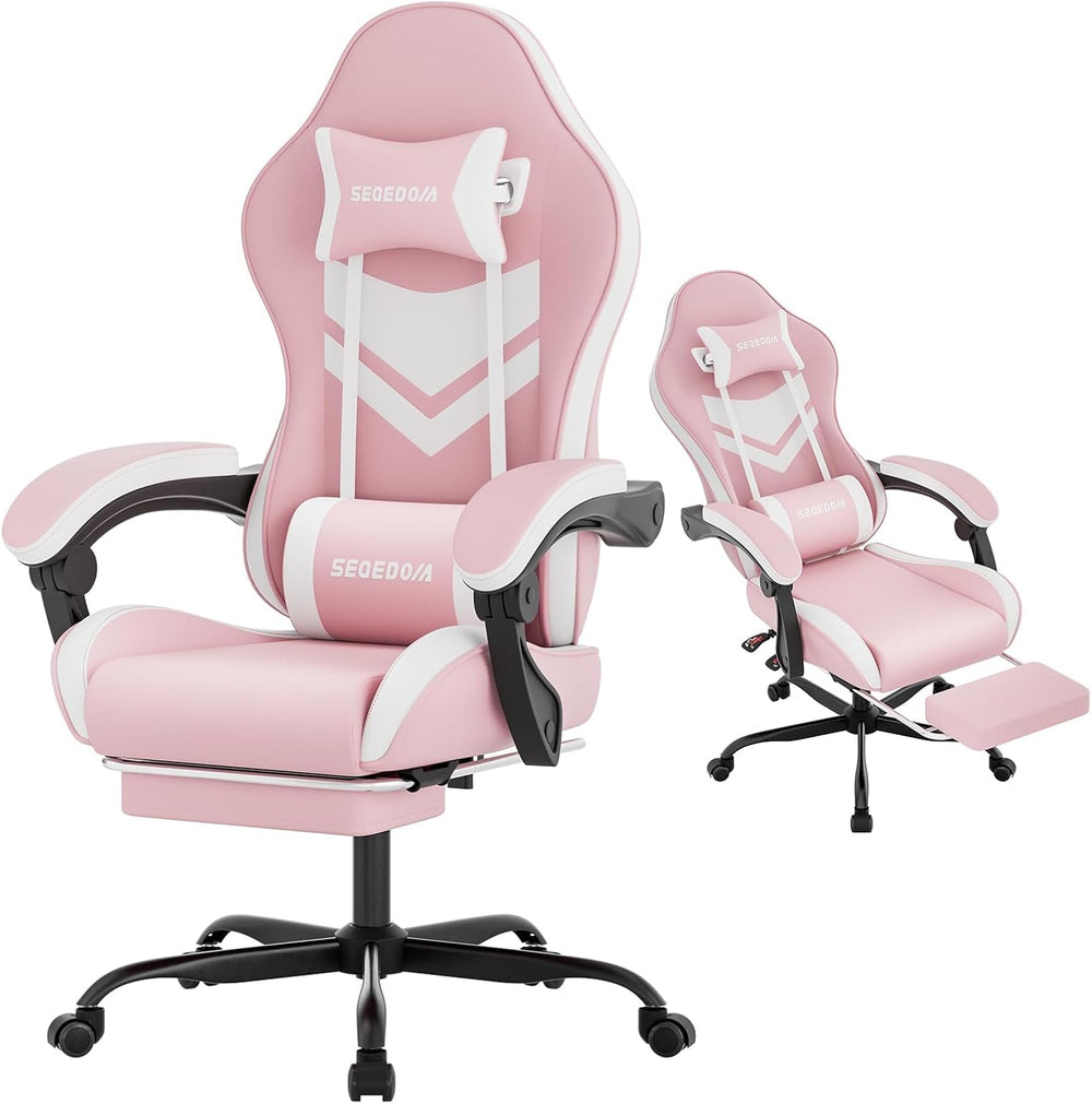 Gaming Chair with Footrest & Massage Lumbar Support, PU Leather Ergonomic...