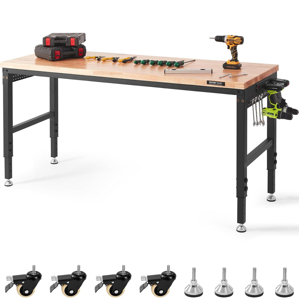 VEVOR Workbench for Garage 72" Adjustable Workbench, Heavy-Duty Hardwood Worktable with Universal Wheels, 3000 LBS Load Capacity, with Power Outlets, for Workshop, Garage, Office and Home