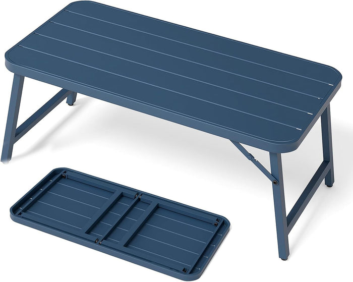 VINGLI Outdoor Folding Coffee Table, Rectangle Drainable Iron Patio Table for Balcony, Porch, and Living Room, Blue