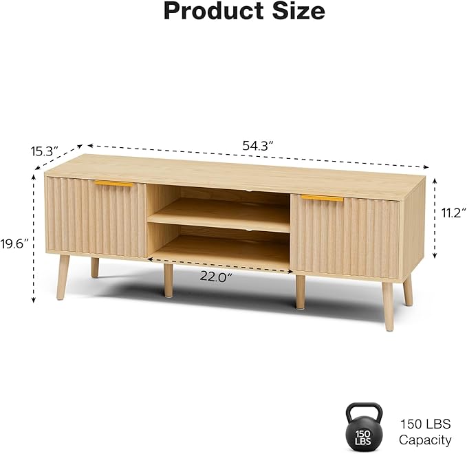 TV Stand for Living Room, Boho Entertainment Center for 55/60 inch TVs, Media Console with Fluted Door Cabinets and Open Shelves, for Bedroom, Oak