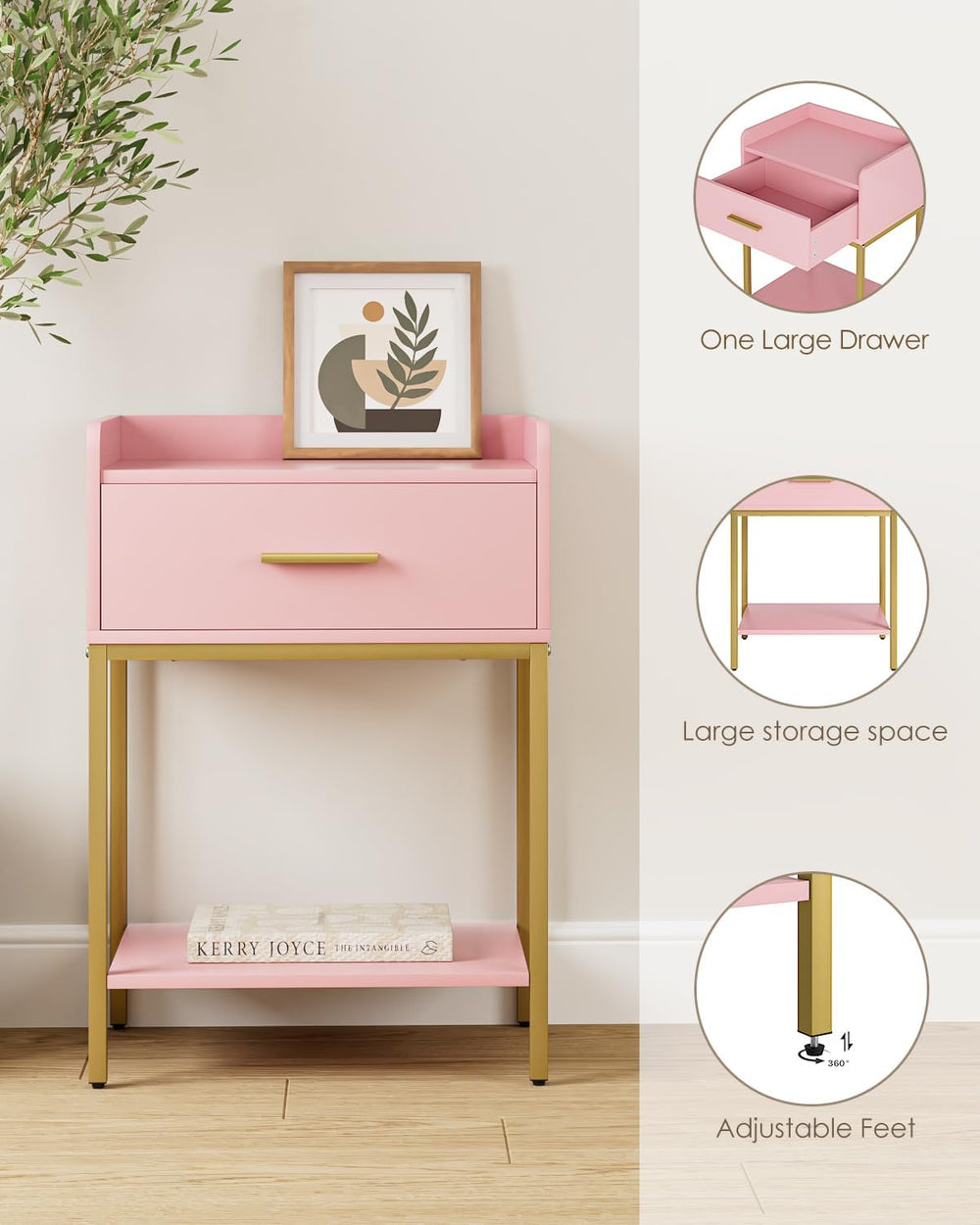Nightstand, Modern Bedside Table with Drawer and Legs,Pink and Gold Night Sta...