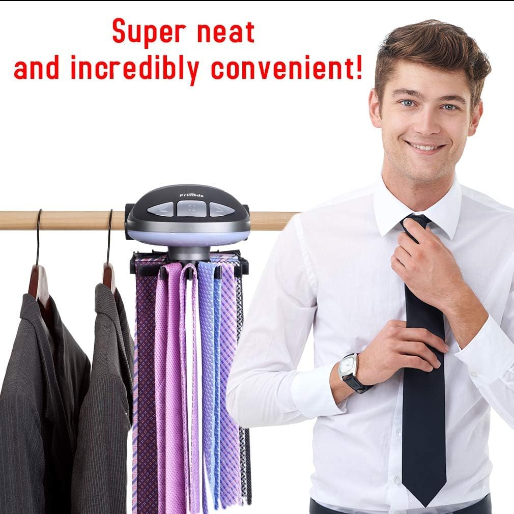 Motorized Tie Rack Stores Up to 50 Ties– Closet Organizer, Holds & Displays Up to 50 Ties Or Belts, Rotation Operates with Batteries. Great Gift Idea for Fathers Day