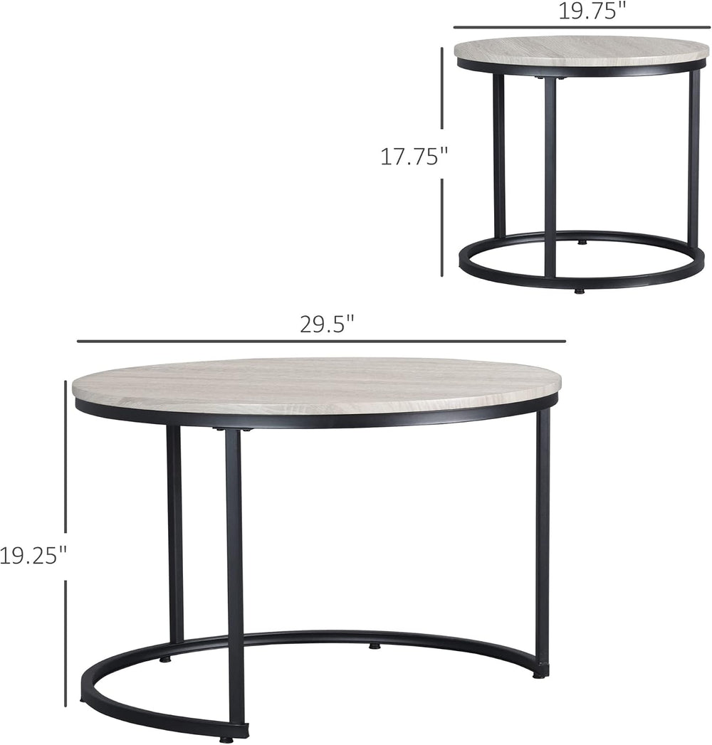 Round Nesting Tables Set of 2, Stacking Coffee Tables with Metal Frame | Grey...